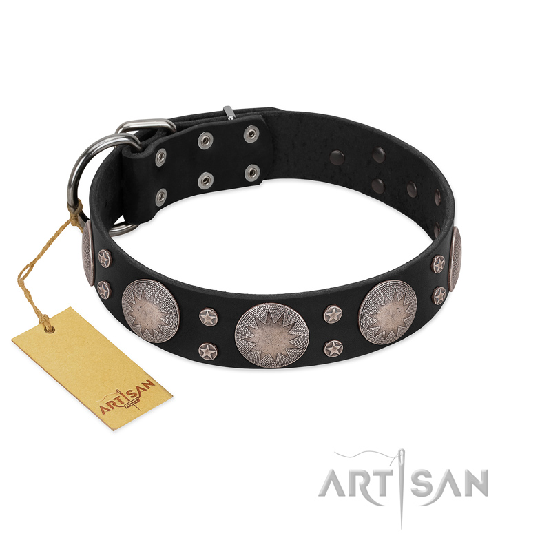 "Starry Sky" Trendy FDT Artisan Black Leather Siberian Husky Collar with Large Brooches