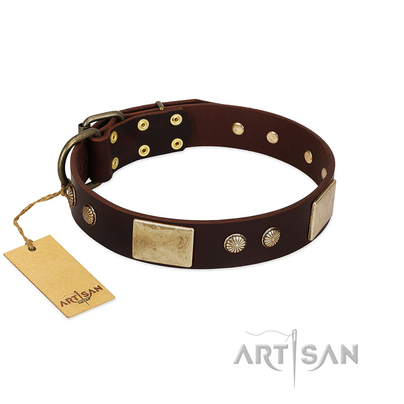 "Middle Age" FDT Artisan Brown Leather Siberian Husky Collar with Old Bronze-Plated Engraved Flowers and Large Plates