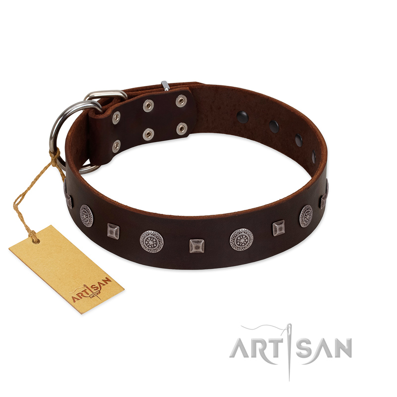 "Pure Sensation" Exclusive FDT Artisan Brown Leather Siberian Husky Collar with Fancy Brooches and Studs - Click Image to Close