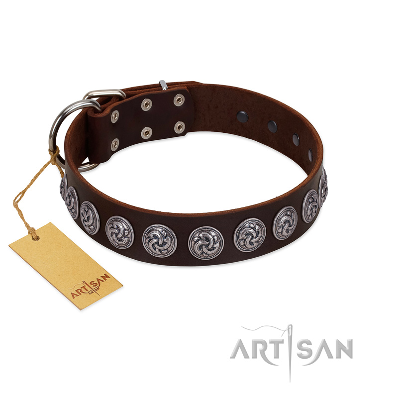 "Charming Circles" FDT Artisan Brown Leather Siberian Husky Collar with Silver-like Studs