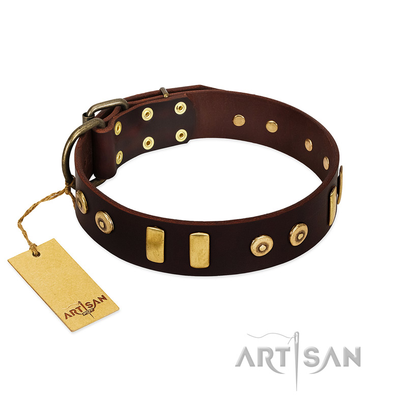 "Lord of Dogs" FDT Artisan Brown Leather Siberian Husky Collar with Old Bronze-like Dotted Studs and Tiles - Click Image to Close