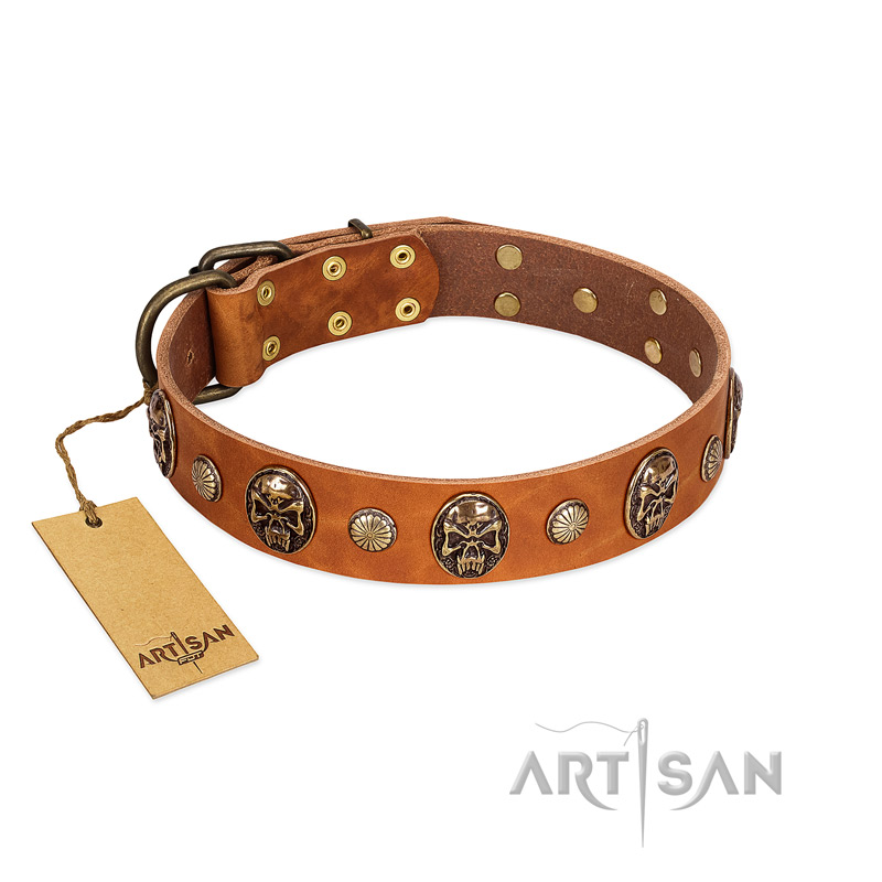"Call of Feat" FDT Artisan Tan Leather Siberian Husky Collar with Old Bronze-like Studs and Oval Brooches