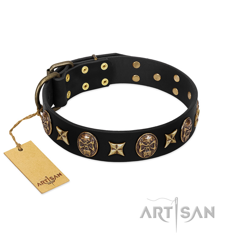 "Starry Saga" FDT Artisan Black Leather Siberian Husky Collar with Stars and Skulls