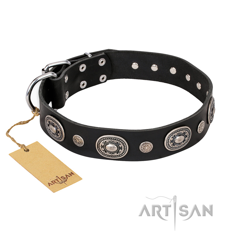"Black Tie" FDT Artisan Leather Siberian Husky Collar with Old Silver-like Decorations