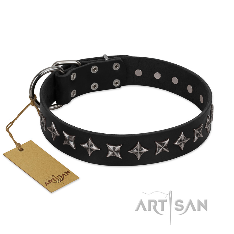 "Lights-out" FDT Artisan Black Leather Siberian Husky Collar with Silver-like Set of Stars - Click Image to Close
