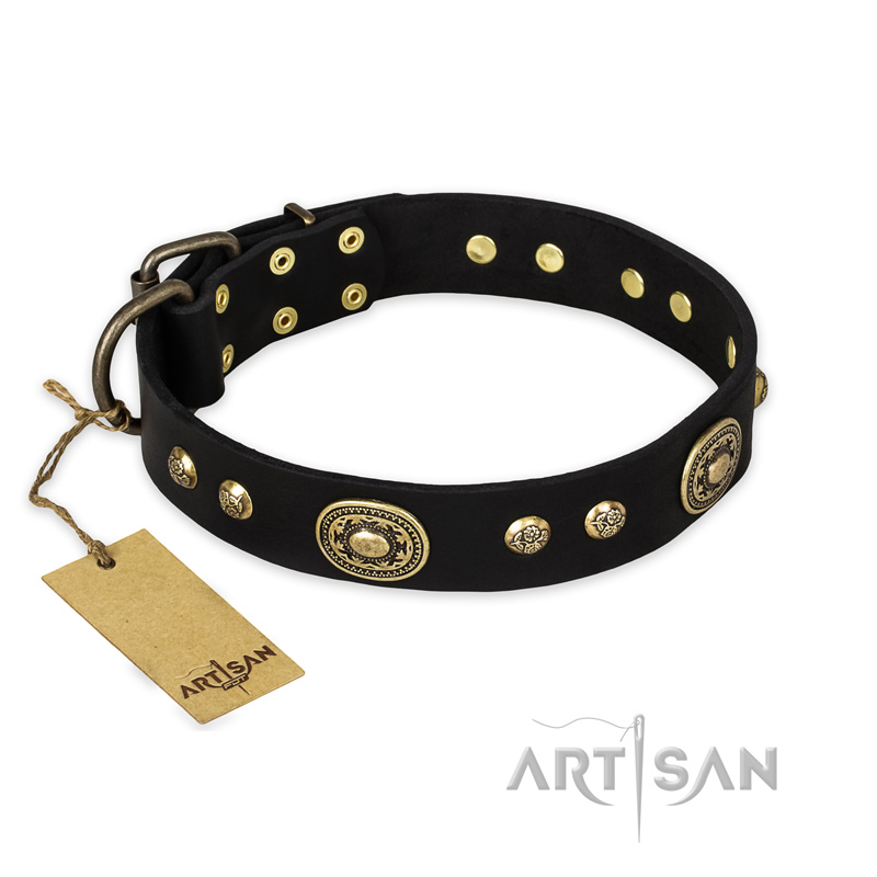 "High Fashion" FDT Artisan Studded with Plates Black Leather Siberian Husky Collar