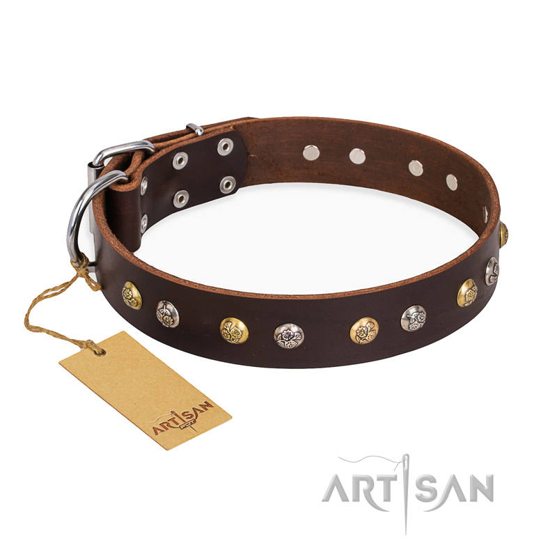 "Golden"n"Silver Luxury" FDT Artisan Leather Siberian Husky Collar with Engraved Studs