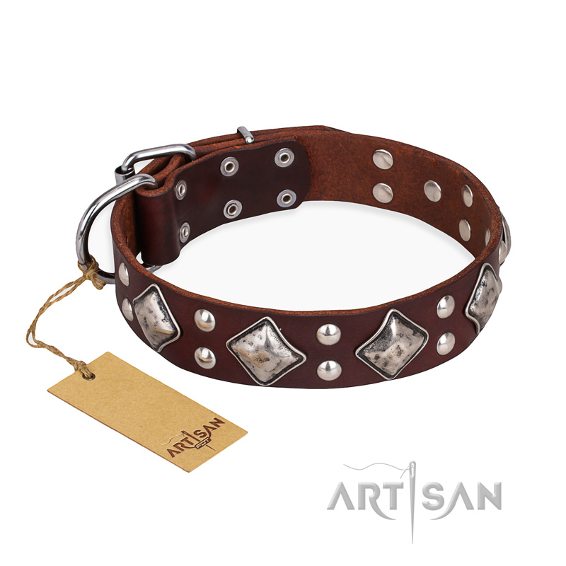 "King of Grace" FDT Artisan Stylish Leather Siberian Husky Collar with Old Silver-Like Plated Decorations