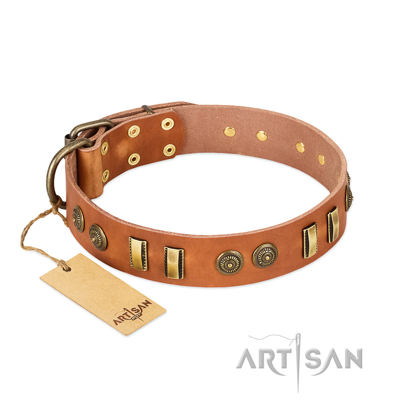 "Natural Beauty" FDT Artisan Tan Leather Siberian Husky Collar with Old Bronze-like Circles and Plates