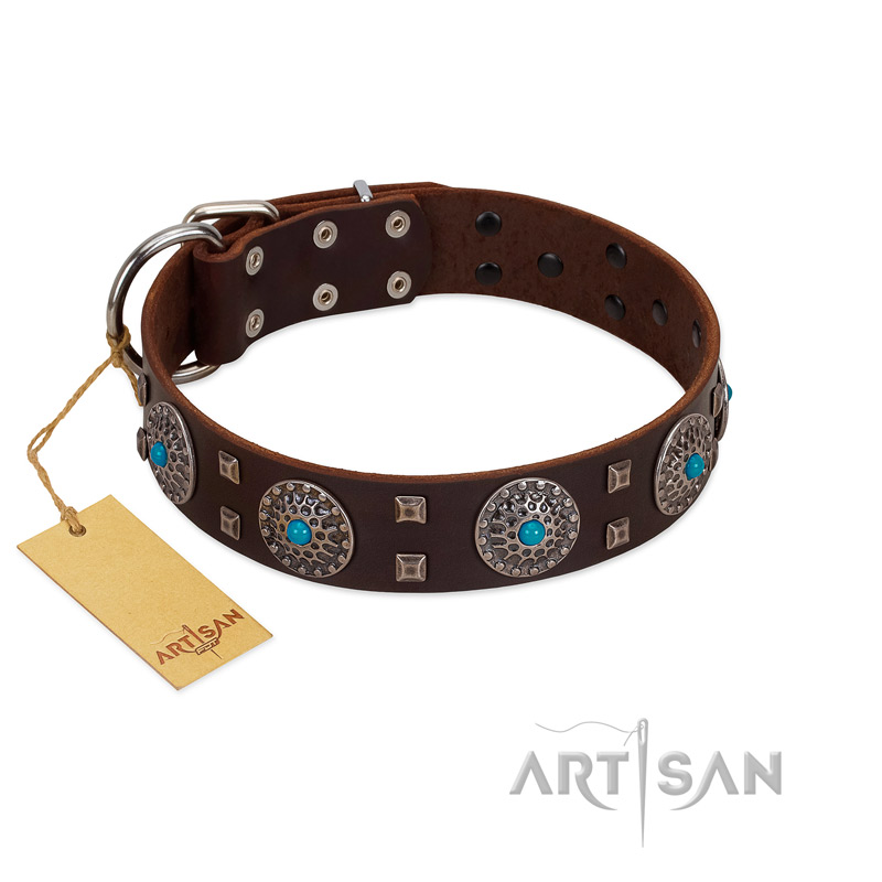 "Hypnotic Stones" FDT Artisan Brown Leather Siberian Husky Collar with Chrome Plated Brooches and Square Studs