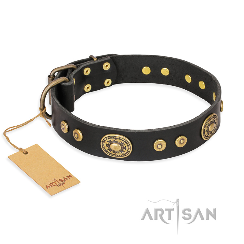 "Golden Radiance" FDT Artisan Black Leather Siberian Husky Collar with Old Bronze Look Ovals and Circles
