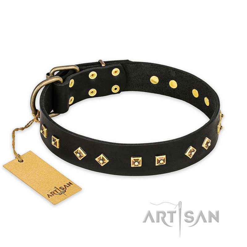 "Rhomb Style" FDT Artisan Decorated Leather Siberian Husky Collar with Old Bronze-Plated Studs 1 1/2 inch (40 mm) Wide
