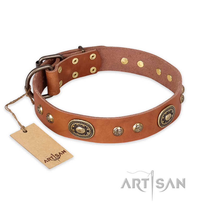"Stunning Dress" FDT Artisan Tan Leather Siberian Husky Collar with Old Bronze Look Plates and Studs