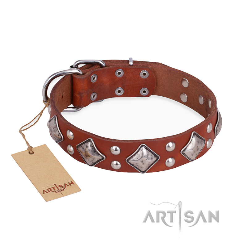 "Magic Squares" FDT Artisan Tan Leather Siberian Husky Collar with Silver-like Decor