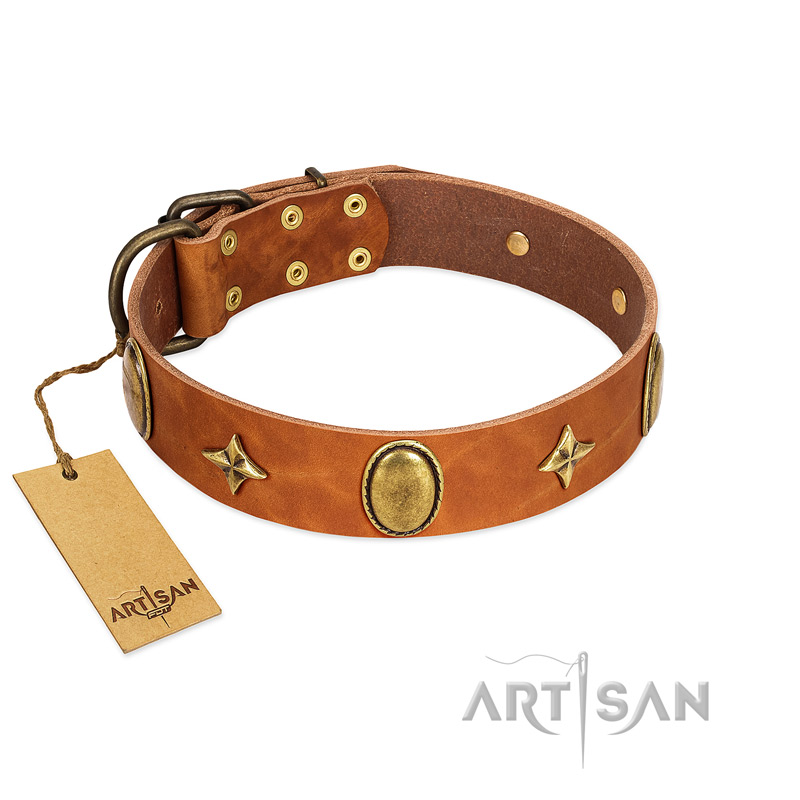"Space Warrior" FDT Artisan Tan Leather Siberian Husky Collar with Ovals and Stars