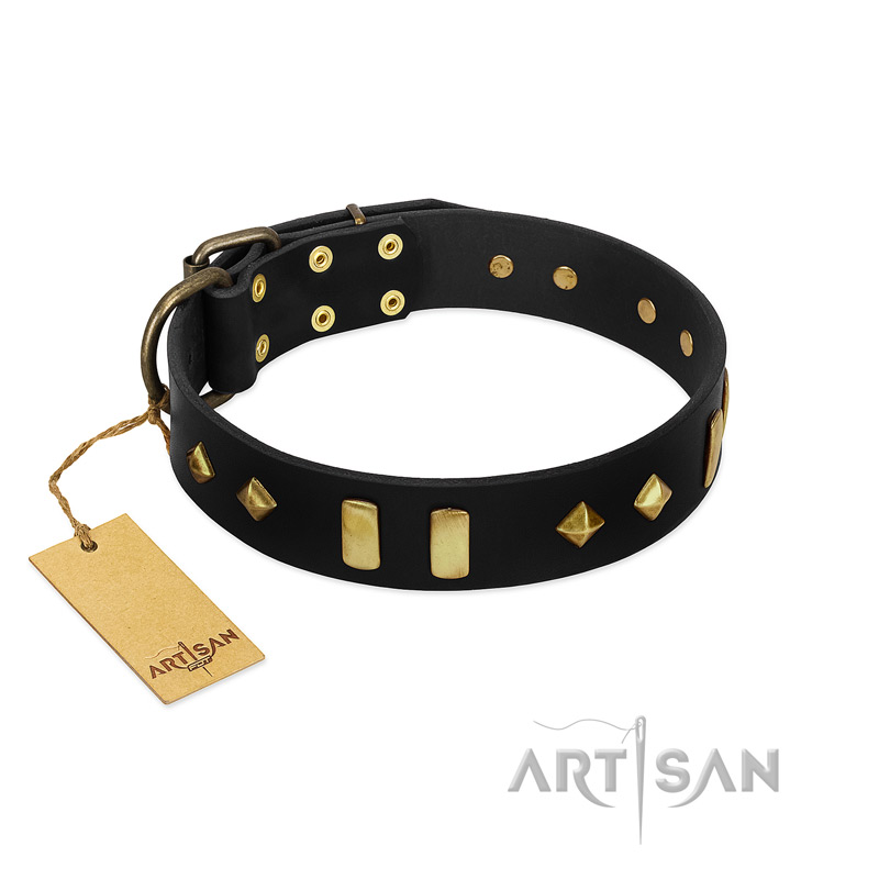"De Luxe" FDT Artisan Black Leather Siberian Husky Collar with Old Bronze-like Plates and Studs
