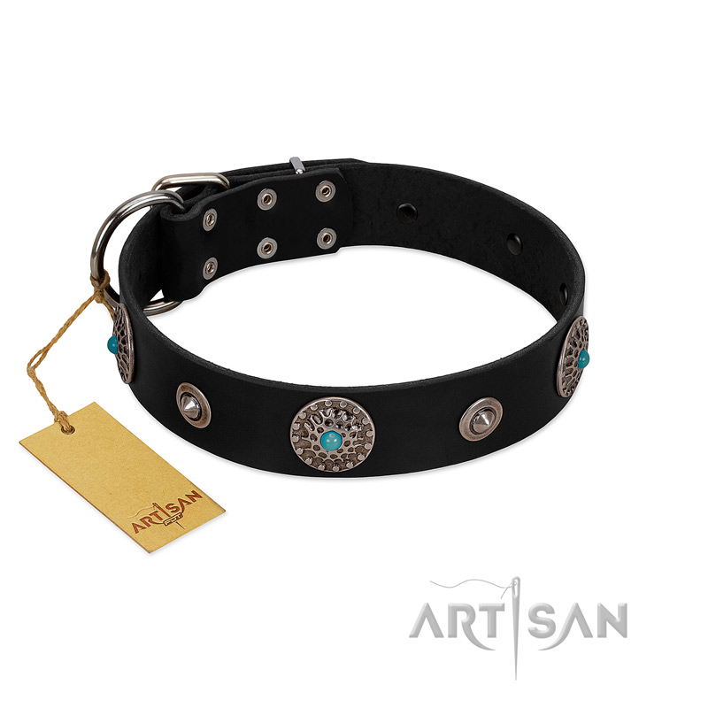 "Blue Gems" FDT Artisan Black Leather Siberian Husky Collar with Chrome Plated Studs and Conchos