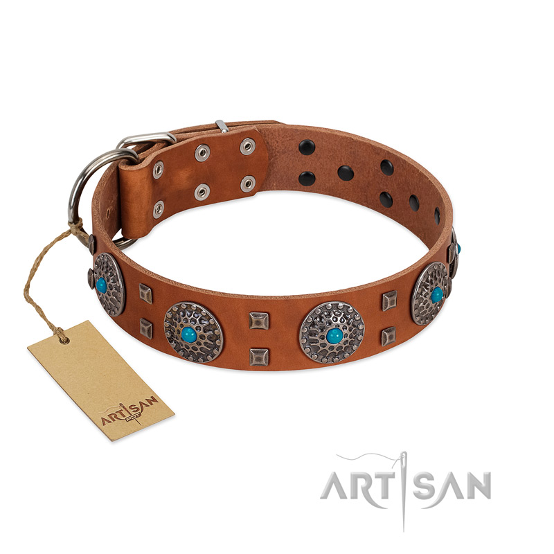 "Blue Sands" FDT Artisan Tan Leather Siberian Husky Collar with Silver-like Studs and Round Conchos with Stones