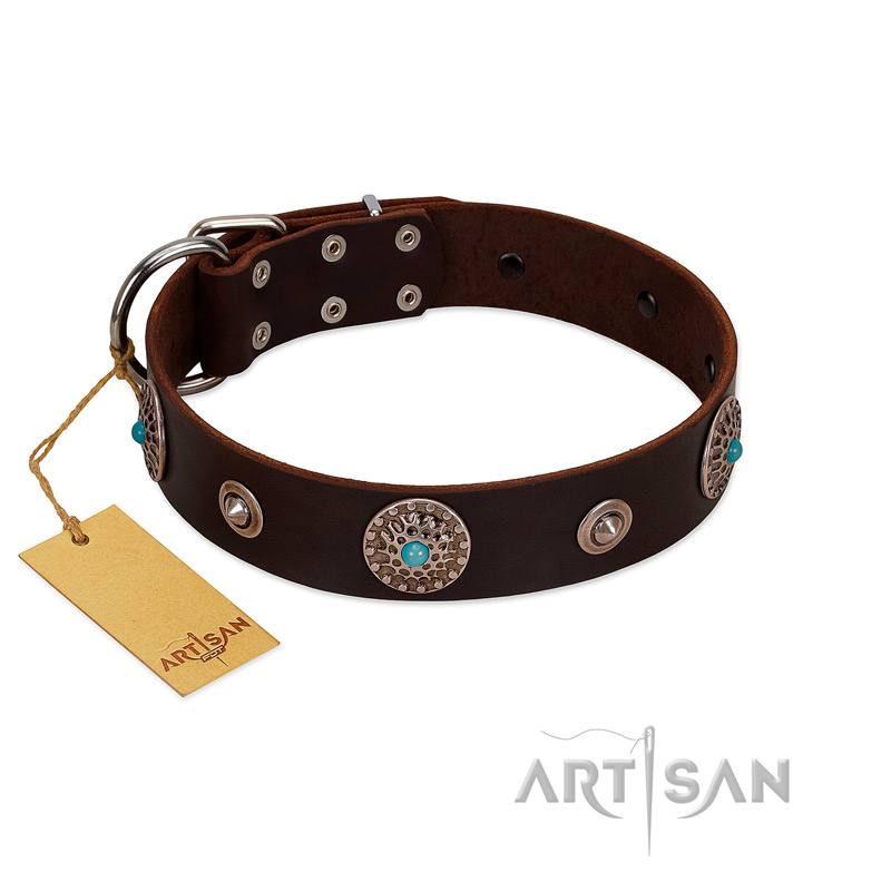 "Magic Stones" FDT Artisan Brown Leather Siberian Husky Collar with Chrome Plated Brooches and Studs