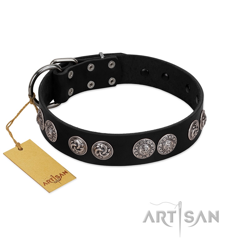 "Magic Amulete" Handcrafted FDT Artisan Black Leather Siberian Husky Collar with Chrome-Plated Shields