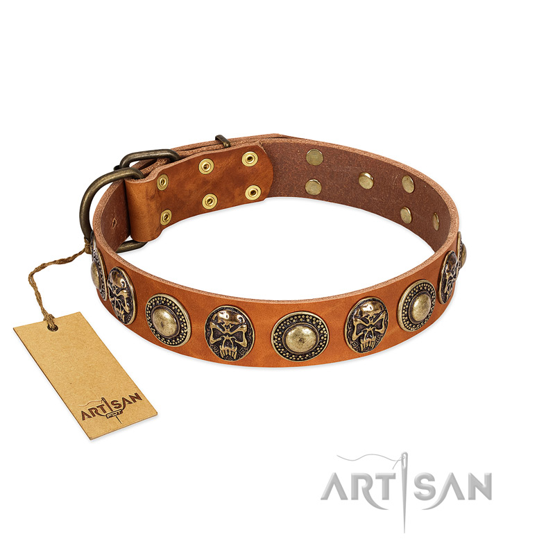 "Golden Epoch" FDT Artisan Tan Leather Siberian Husky Collar with Old Bronze-plated Medallions and Conchos
