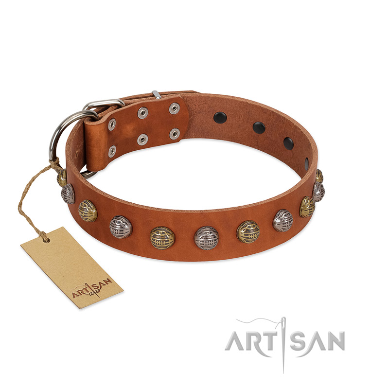 "Dogue-Vogue" FDT Artisan Tan Leather Siberian Husky Collar with Engraved Chrome-plated Studs