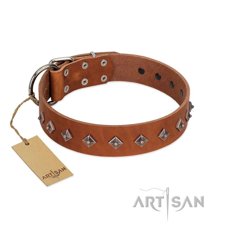 "Broadway" Handmade FDT Artisan Tan Leather Siberian Husky Collar with Dotted Pyramids