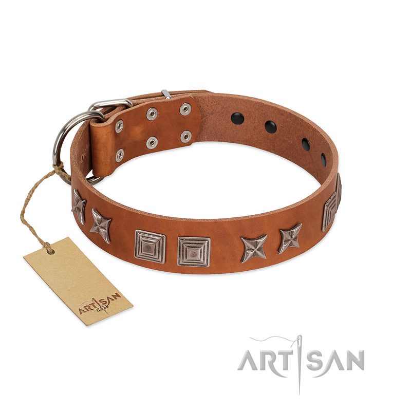 "Antique Figures" FDT Artisan Tan Leather Siberian Husky Collar with Silver-like Engraved Plates