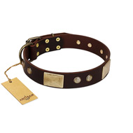 "Middle Age" FDT Artisan Brown Leather Siberian Husky Collar with Old Bronze-Plated Engraved Flowers and Large Plates