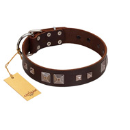 "Object of Virtu" FDT Artisan Brown Leather Siberian Husky Collar with Old Silver-like Square Studs and Pyramids