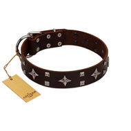 "Trendy Candy" FDT Artisan Brown Leather Siberian Husky Collar Adorned with Stars and Tiny Squares