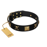 "Welcome on Board" FDT Artisan Black Leather Siberian Husky Collar with Skulls and Crossbones Combined with Squares