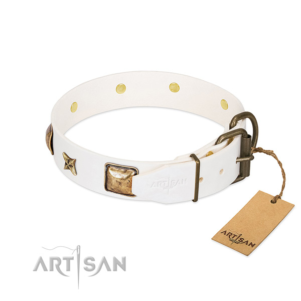 Natural genuine leather dog collar with strong traditional buckle and adornments