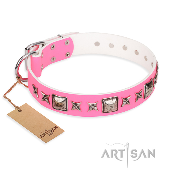 Full grain leather dog collar made of soft to touch material with reliable hardware