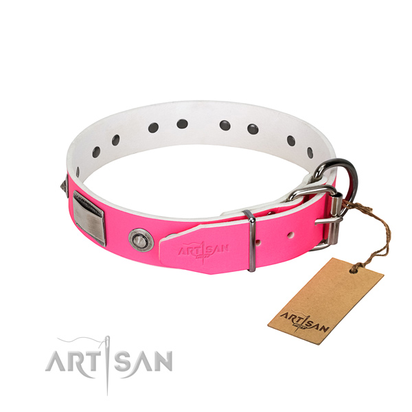 Easy wearing dog collar of full grain leather with studs