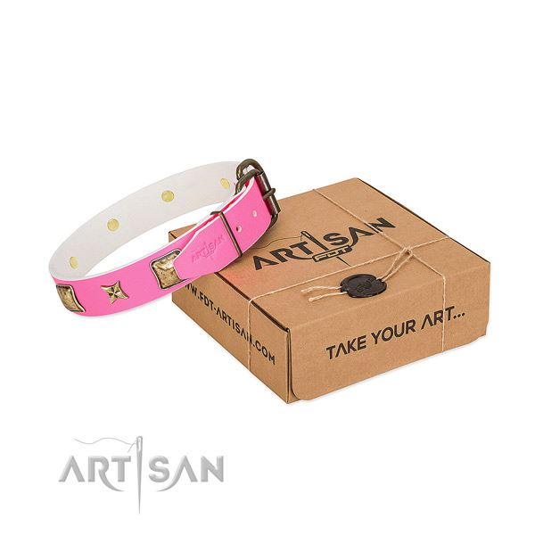 Rust-proof D-ring on natural genuine leather dog collar for everyday walking