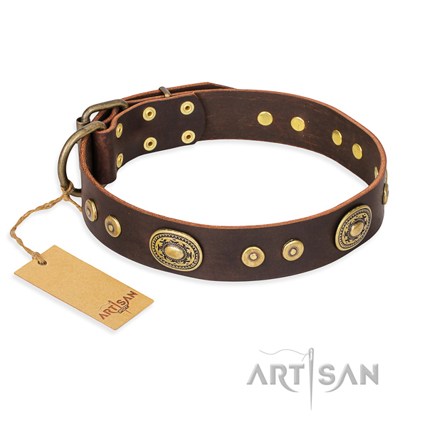 Leather dog collar made of soft to touch material with corrosion resistant traditional buckle
