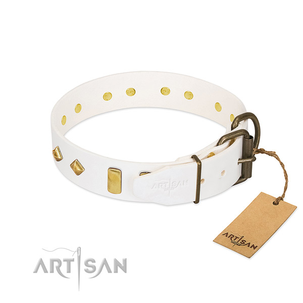 Soft to touch natural leather dog collar with corrosion proof D-ring