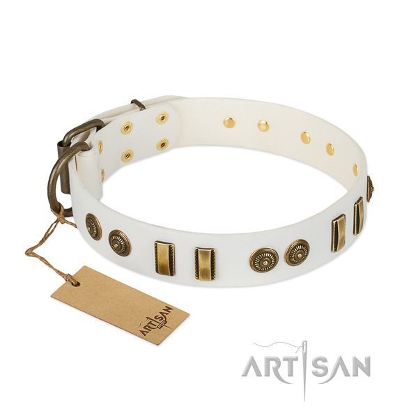 Rust resistant D-ring on genuine leather dog collar for your pet