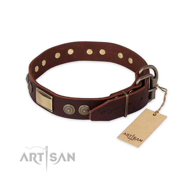 Corrosion resistant hardware on natural genuine leather collar for walking your pet