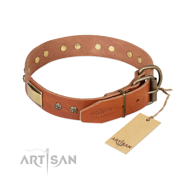 Full grain genuine leather dog collar with corrosion resistant hardware and decorations