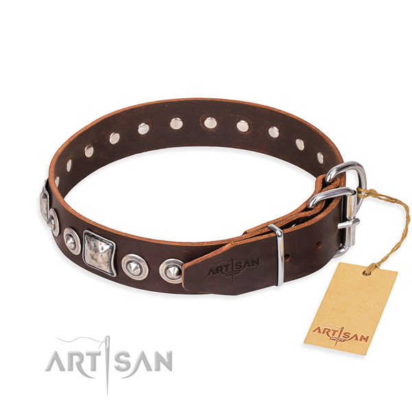 Genuine leather dog collar made of reliable material with strong studs