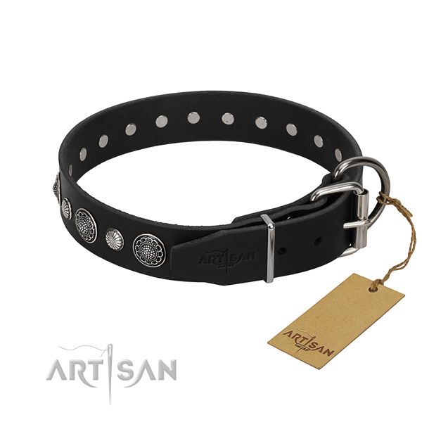 Durable genuine leather dog collar with stunning adornments