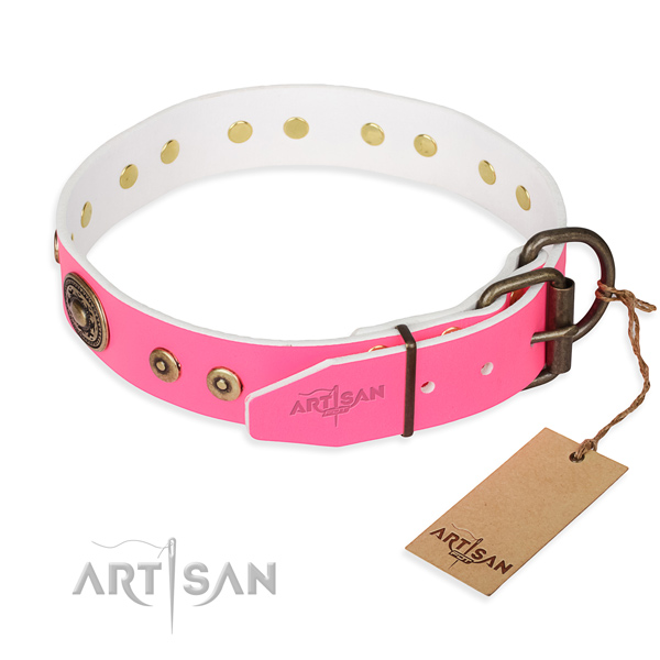 Full grain natural leather dog collar made of top rate material with corrosion resistant embellishments