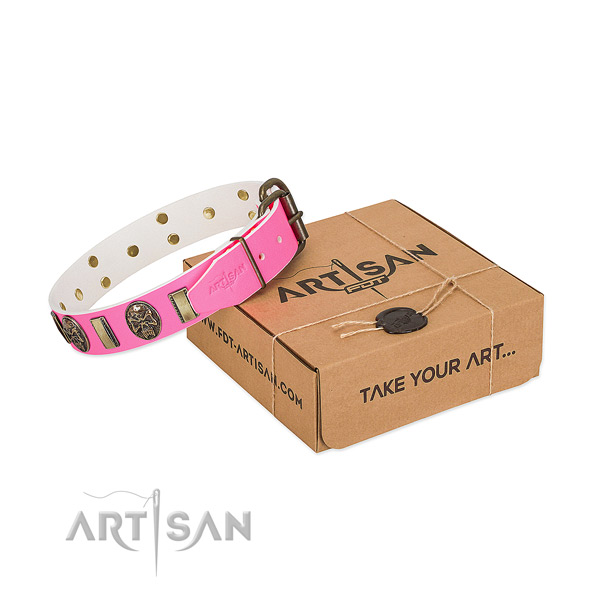 Corrosion resistant D-ring on full grain leather dog collar for your canine