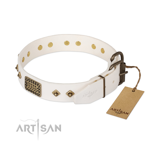 Full grain natural leather dog collar with durable buckle and adornments