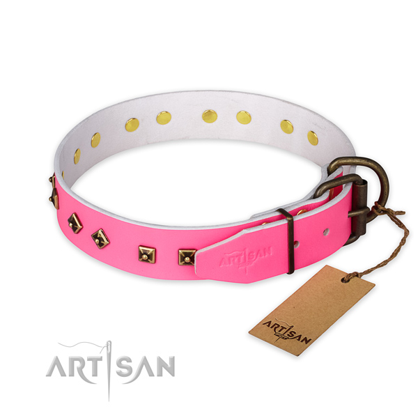 Corrosion resistant buckle on natural leather collar for stylish walking your canine