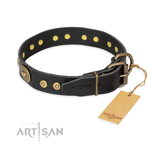 Full grain leather dog collar made of soft to touch material with corrosion proof adornments