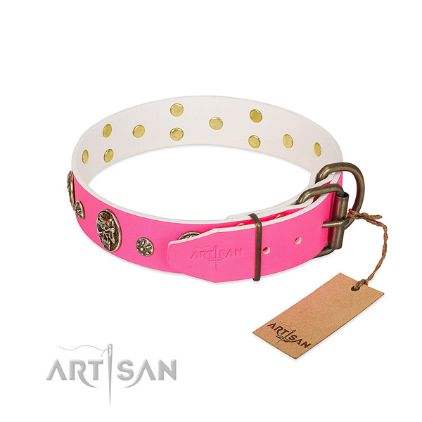 Rust-proof D-ring on full grain genuine leather collar for stylish walking your canine