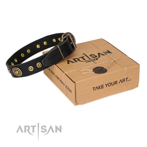 Natural genuine leather dog collar made of soft material with corrosion resistant traditional buckle